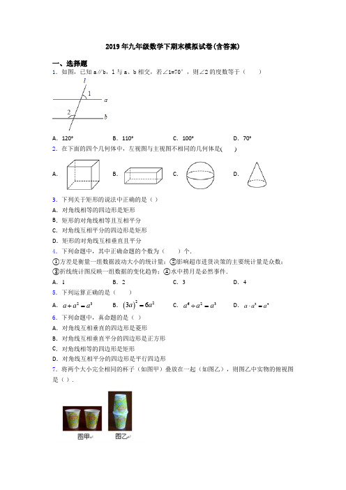 2019年九年级数学下期末模拟试卷(含答案)