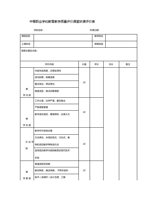 中等职业学校教育教学质量评价课堂听课评价表