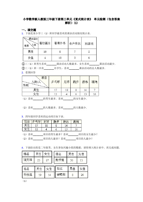 小学数学新人教版三年级下册第三单元《复式统计表》 单元检测(包含答案解析)(1)