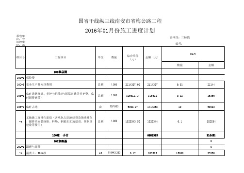 南安2016年01月份施工进度计划