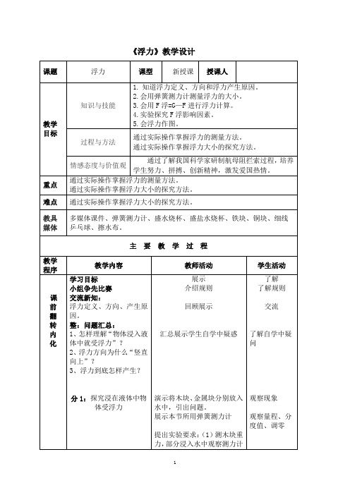 人教版物理  八年级下册 10.1《浮力》教学设计