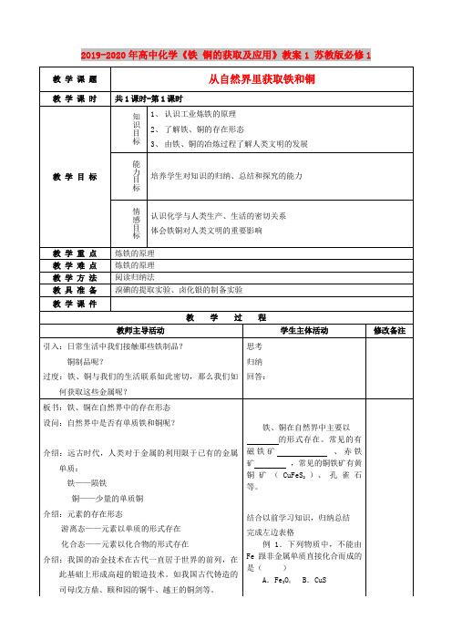 2019-2020年高中化学《铁 铜的获取及应用》教案1 苏教版必修1