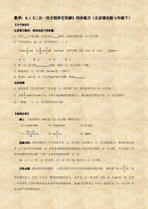 数学：6.1《二元一次方程和它的解》同步练习(北京课改版七年级下)