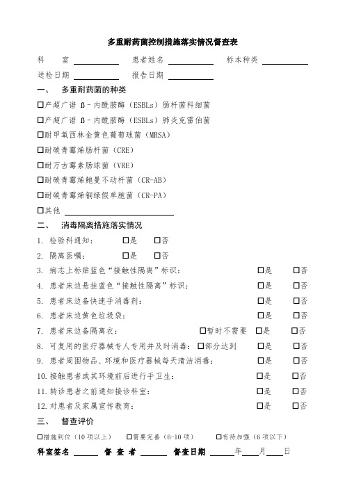 多重耐药菌控制措施落实情况督查表