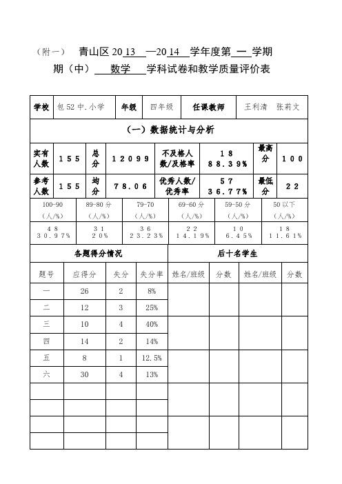 小学四年级数学试卷和教学质量评价表