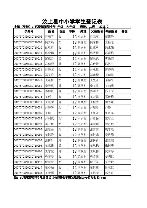 六二班学生登记表