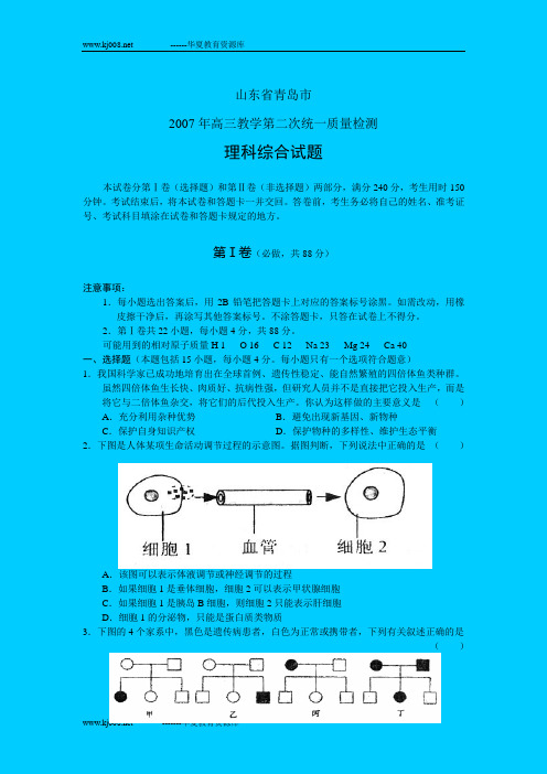 山东省青岛市2007年高三教学第二次统一质量检测理科综合试题