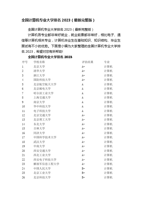 全国计算机专业大学排名2023（最新完整版）