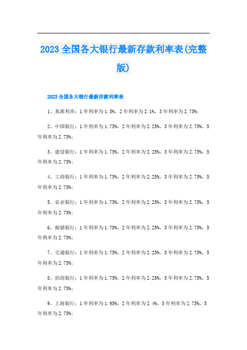 2023全国各大银行最新存款利率表(完整版)