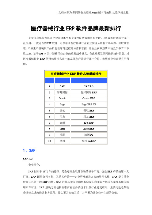 医疗器械行业ERP软件品牌排行