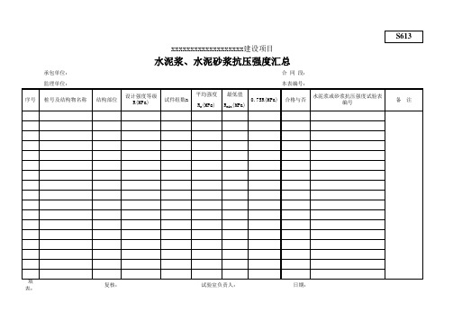 水泥浆及水泥砂浆抗压强度汇总表