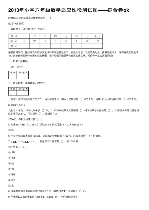 2013年小学六年级数学适应性检测试题——综合卷ok