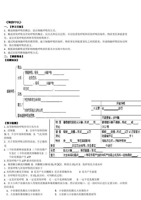 浙江省桐庐分水高级中学高三生物复习专题《细胞呼吸》学案