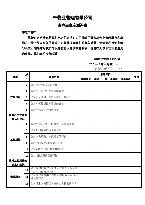 物业公司客户满意度测评表