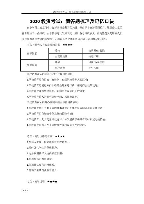 2020教资考试：简答题梳理及记忆口诀