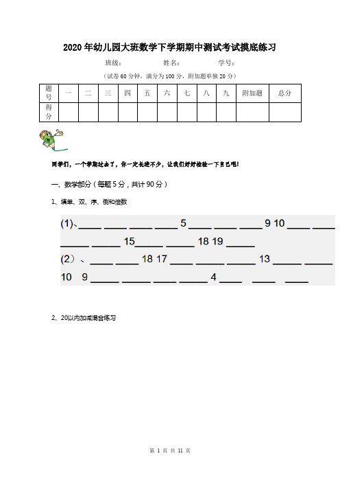 2020年幼儿园大班数学下学期期中测试考试摸底练习