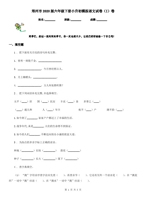 郑州市2020版六年级下册小升初模拟语文试卷(I)卷