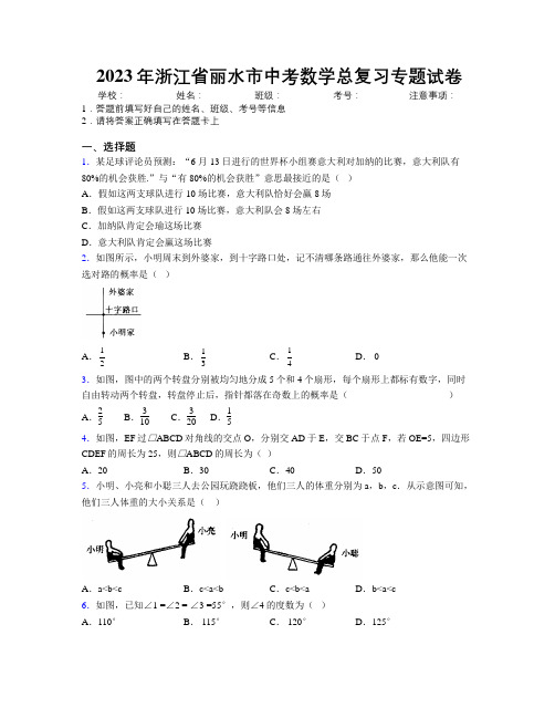 2023年浙江省丽水市中考数学总复习专题试卷附解析