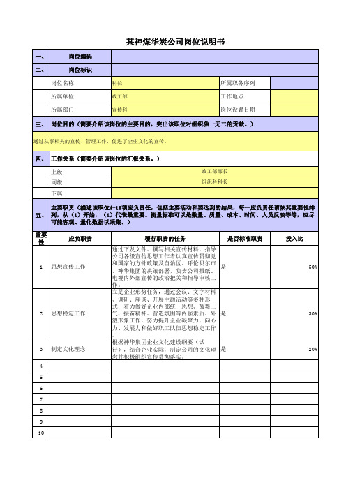 某央企煤炭集团政工新闻岗位职责梳理表宣传科科长