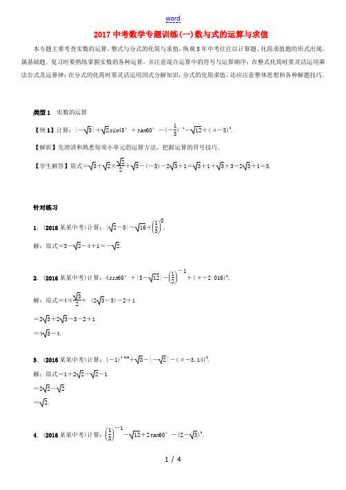 江苏省苏州市中考数学专题训练(一)数与式的运算与求值-人教版初中九年级全册数学试题