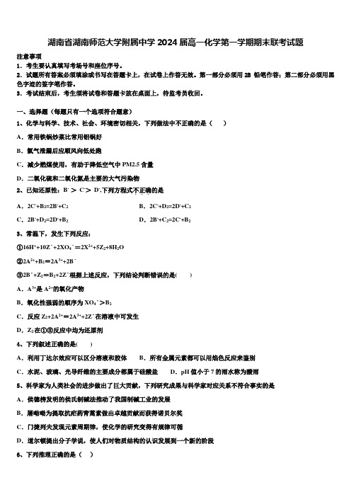 湖南省湖南师范大学附属中学2024届高一化学第一学期期末联考试题含解析