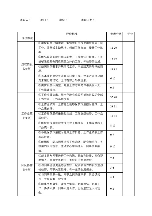 新员工试用期转正述职评价表