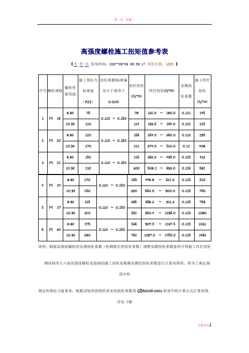 高强度螺栓施工扭矩值参考表