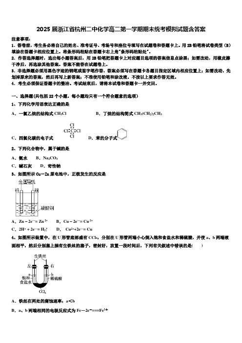 2025届浙江省杭州二中化学高二第一学期期末统考模拟试题含答案