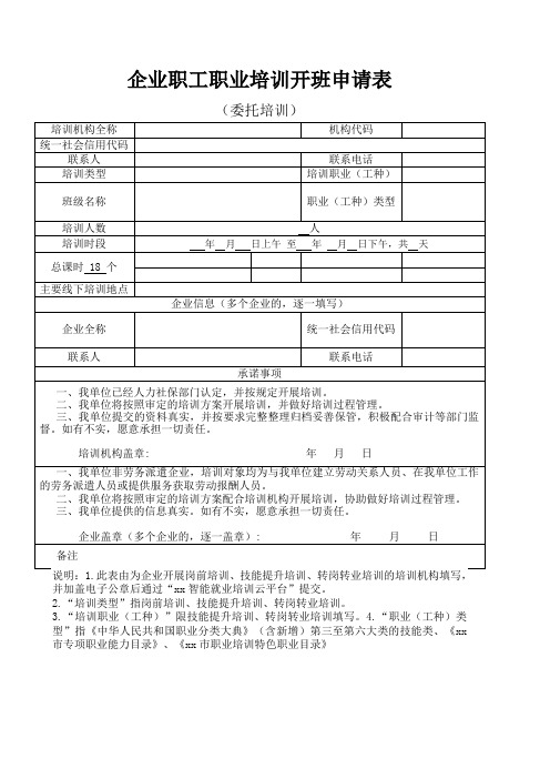 精品文档：企业职工职业培训开班申请表(委托培训)