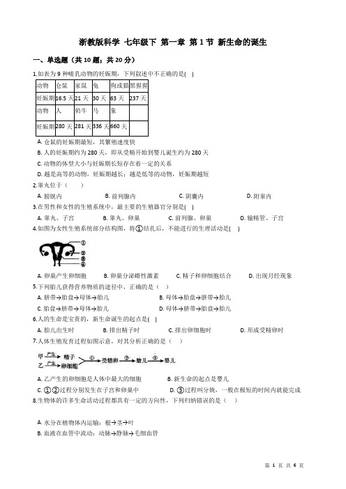 2020—2021学年浙教版科学 七年级下 第一章 第1节 新生命的诞生
