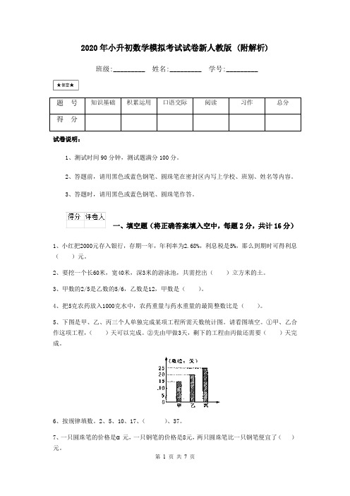 2020年小升初数学模拟考试试卷新人教版 (附解析)