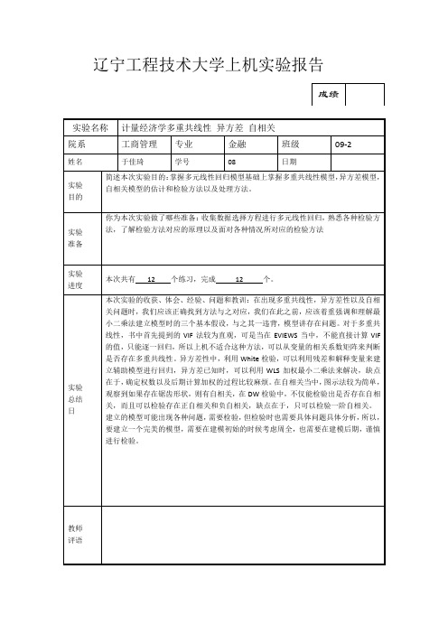 计量经济学实验报告3 自相关 异方差 多重共线性 心得体会