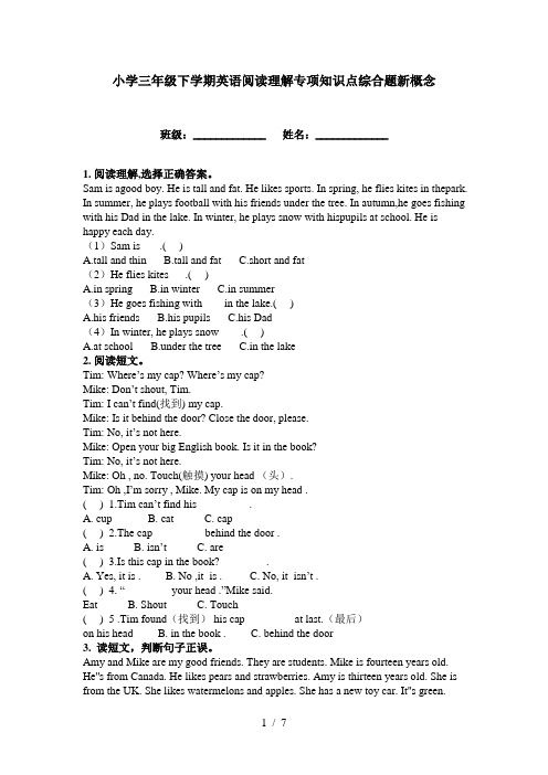 小学三年级下学期英语阅读理解专项知识点综合题新概念