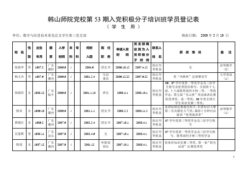 韩山师院党校第53期入党积极分子培训班学员登记表(精)