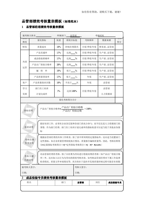 品管部绩效考核量表模板标准范本