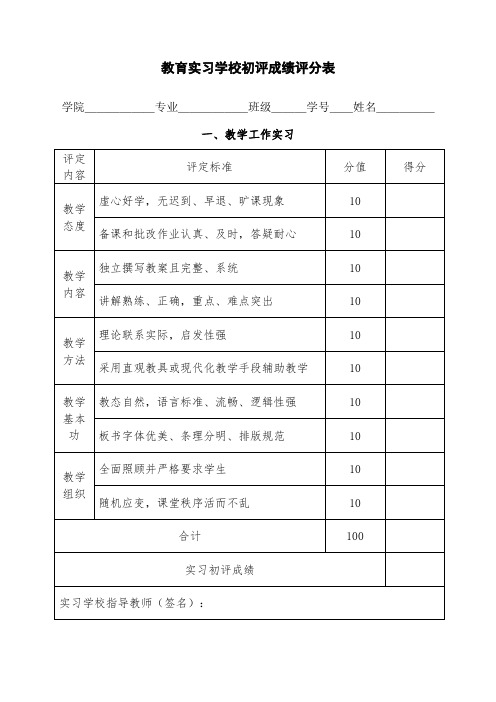 教育实习学校初评成绩评分表