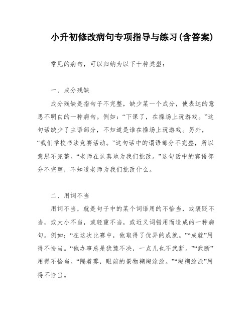 小升初修改病句专项指导与练习(含答案)