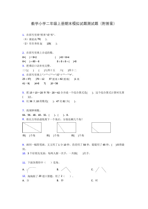 数学小学二年级上册期末模拟试题测试题(附答案)