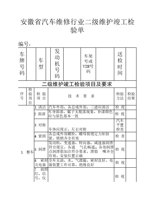 安徽省汽车维修二级维护竣工检验单