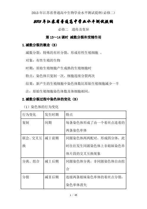 2013年江苏省普通高中生物学业水平测试提纲(必修二)