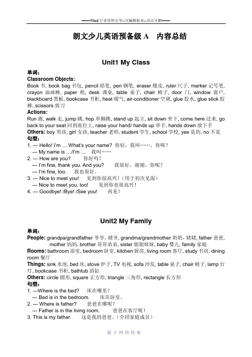 幼儿朗文英语预备级1-6单词总结