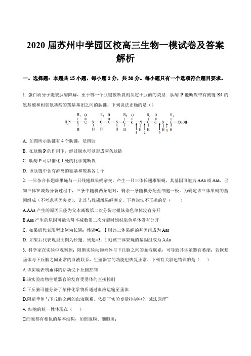 2020届苏州中学园区校高三生物一模试卷及答案解析