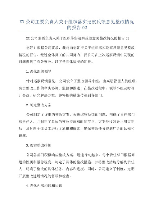 XX公司主要负责人关于组织落实巡察反馈意见整改情况的报告02