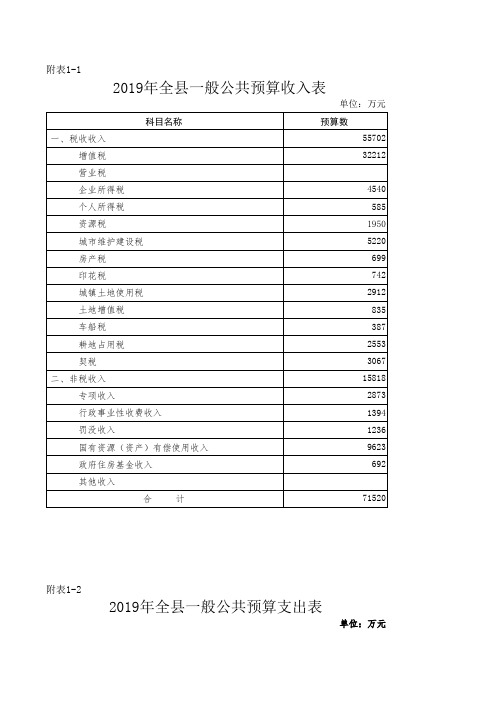 2019年全县一般公共预算收入表