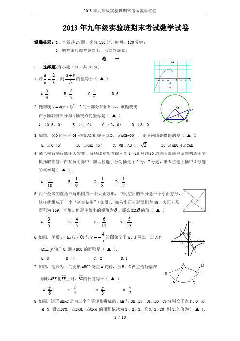 2013年九年级实验班期末考试数学试卷