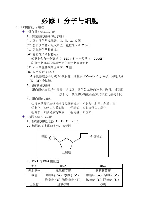 高中生物必修1 分子与细胞知识点整理