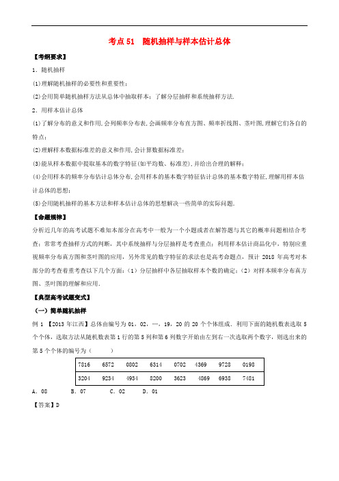 2018版高考数学 考点51 随机抽样与样本估计总体试题解读与变式