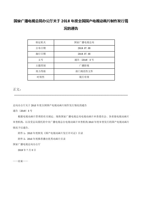 国家广播电视总局办公厅关于2018年度全国国产电视动画片制作发行情况的通告-通告〔2019〕3号