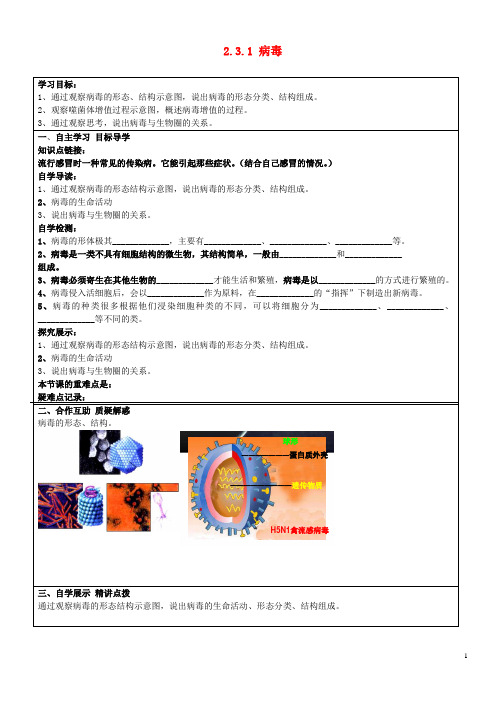 山东省长清区双泉中学七年级生物上册 2.3.1 病毒导学案(无答案)(新版)济南版