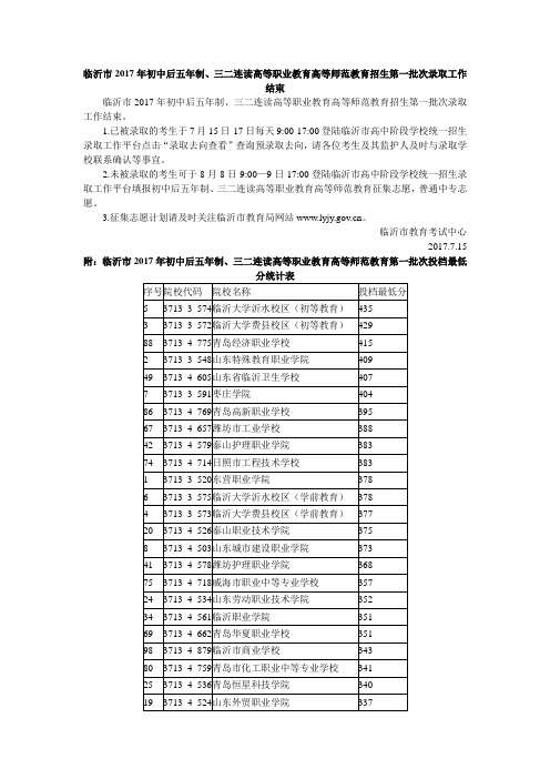 临沂市2017年初中后五年制、三二连读 高等职业教育高等师范教育第一批次投档最低分统计表